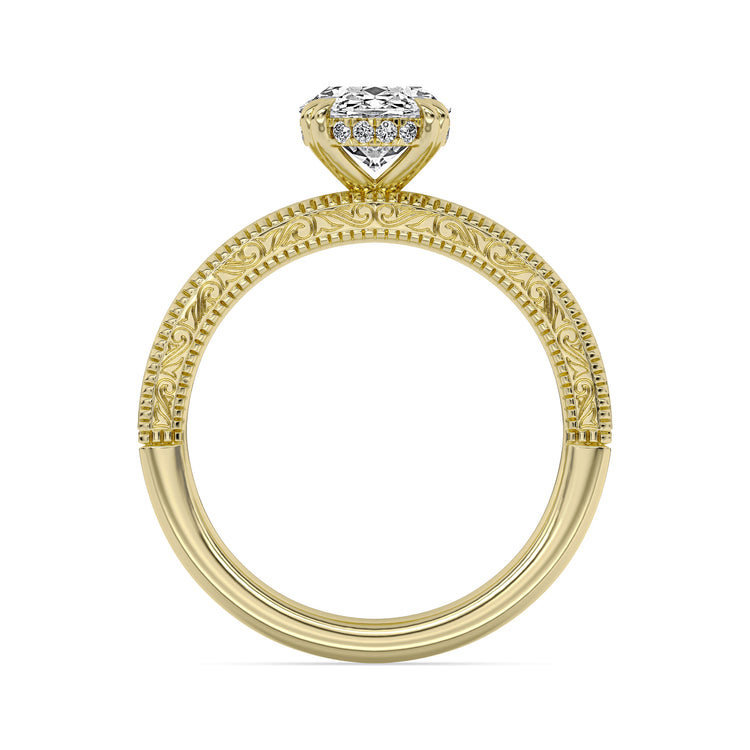 14k Yellow Gold Pattern Engagement Ring, TrueNorth 2.13 ct Oval Center, profile view