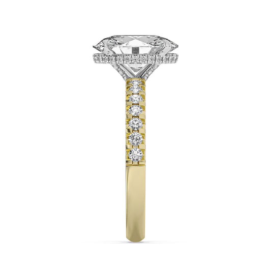 14k Yellow and White Gold Hidden Halo Engagement Ring, TrueNorth 2.50 ct Oval Center, profile view