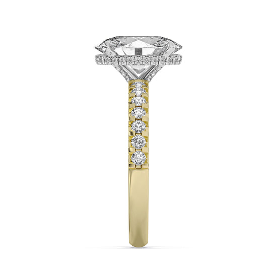 14k Yellow and White Gold Hidden Halo Engagement Ring, TrueNorth 2.50 ct Oval Center, profile view