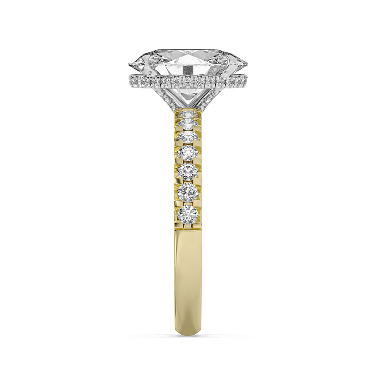 14k Yellow and White Gold Hidden Halo Engagement Ring, TrueNorth 2.50 ct Oval Center, profile view