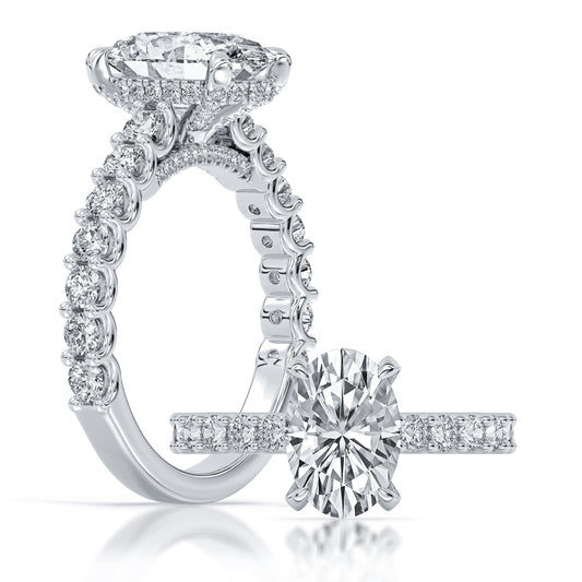 14k White Gold Hidden Halo Engagement Ring with TrueNorth 100 Facet Lab-Grown Diamond 2.50 ct Oval Center and diamond shank