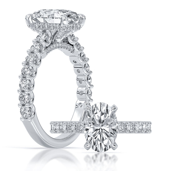 14k White Gold Hidden Halo Engagement Ring with TrueNorth 100 Facet Lab-Grown Diamond 2.50 ct Oval Center and diamond shank