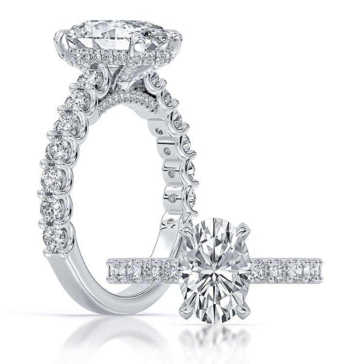 14k White Gold Hidden Halo Engagement Ring with TrueNorth 100 Facet Lab-Grown Diamond 2.50 ct Oval Center and diamond shank