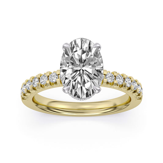 14k Yellow and White Gold Hidden Halo Engagement Ring with TrueNorth 100 Facet Lab-Grown Diamond 2.50 ct Oval Center