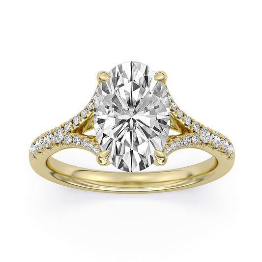14k Yellow Gold Split Shank Hidden Halo Engagement Ring with TrueNorth 100 Facet Lab-Grown Diamond 3.10 ct Oval Center