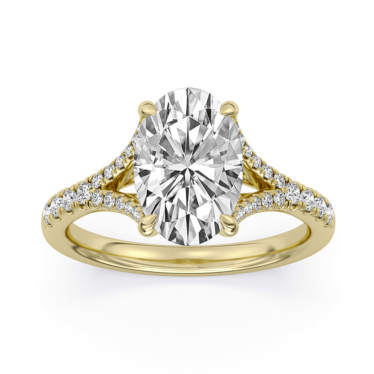 14k Yellow Gold Split Shank Hidden Halo Engagement Ring with TrueNorth 100 Facet Lab-Grown Diamond 3.10 ct Oval Center