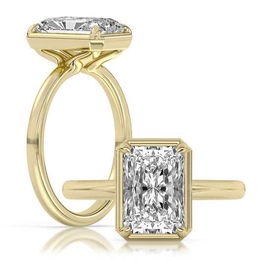 14k Yellow Gold Elevated Solitaire Engagement Ring, TrueNorth 3 ct Radiant Center, with matching band
