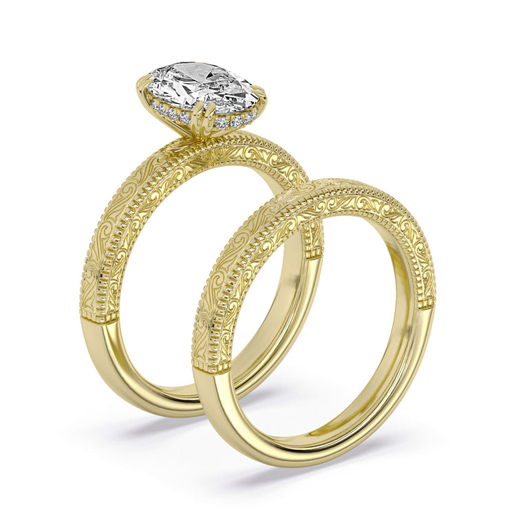 14k Yellow Gold Pattern Engagement Ring, TrueNorth 2.13 ct Oval Center, three-quarter view