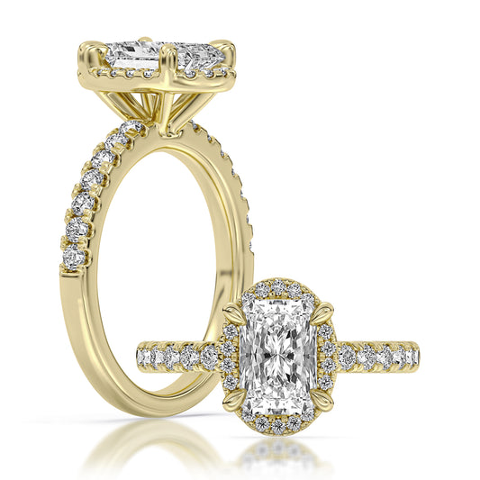 14k Yellow Gold Halo Engagement Ring with TrueNorth 100 Facet Lab-Grown Diamond 2.05 ct Radiant Center