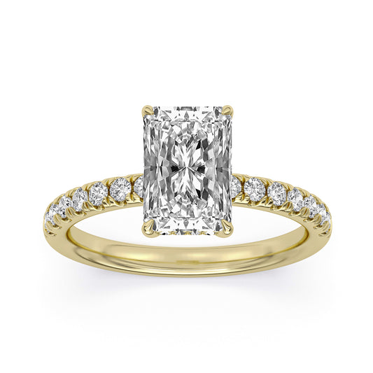 14k Yellow and White Gold Tulip Profile Engagement Ring, TrueNorth 2.5 ct Radiant Center, angled view