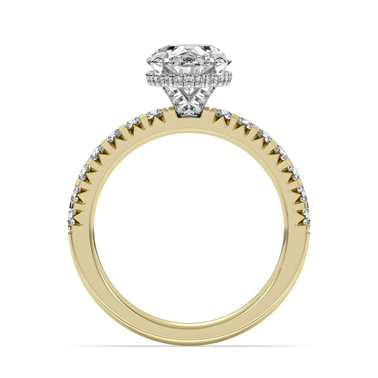 14k Yellow and White Gold Hidden Halo Engagement Ring, TrueNorth 2.50 ct Oval Center, front view
