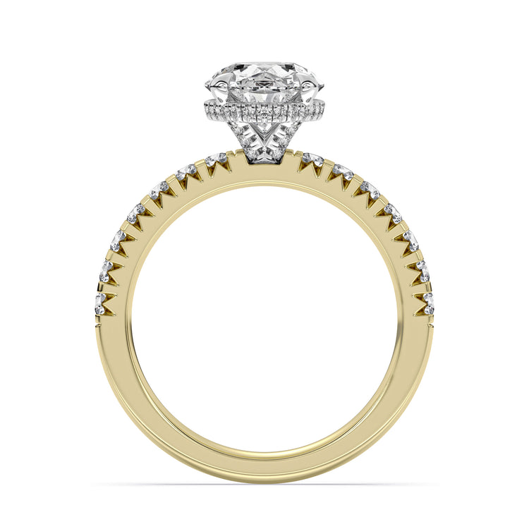 14k Yellow and White Gold Hidden Halo Engagement Ring, TrueNorth 2.50 ct Oval Center, front view
