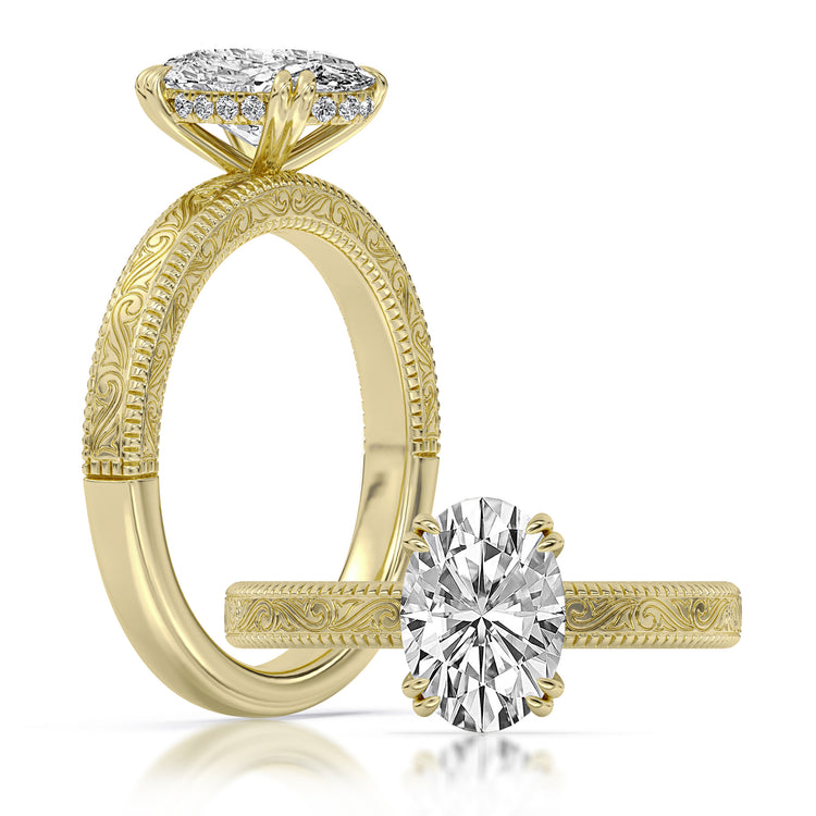 14k Yellow Gold Pattern Engagement Ring with TrueNorth 100 Facet Lab-Grown Diamond 2.13 ct Oval Center