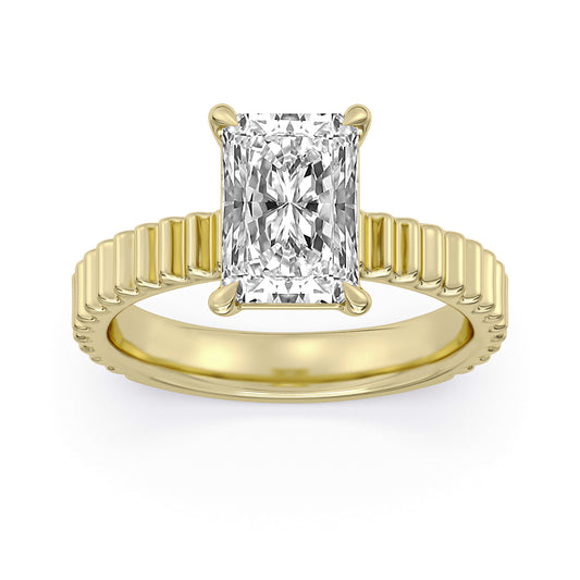 14k Yellow Gold Solitaire Engagement Ring, TrueNorth 2.60 ct Radiant Center, angled view