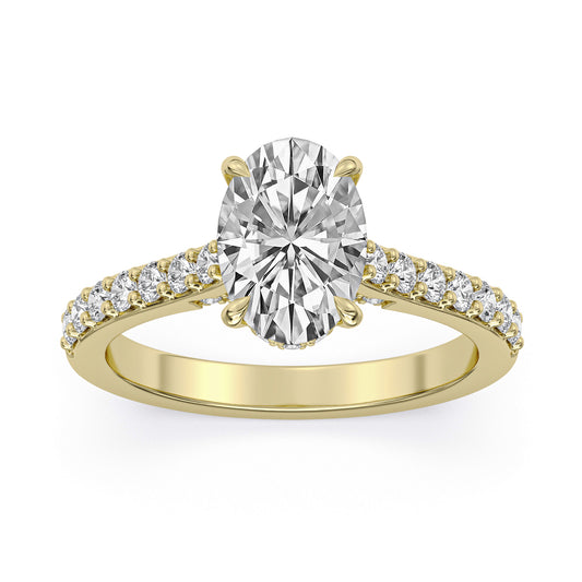 14k Yellow Gold Cathedral Engagement Ring, TrueNorth 2 ct Oval Center, angled view
