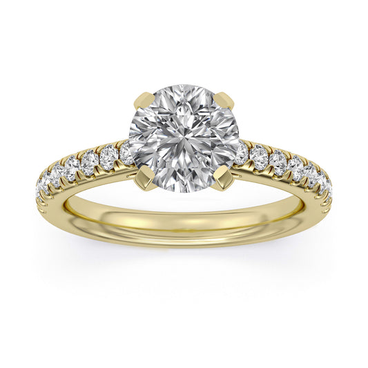14k Yellow Gold Cathedral Engagement Ring, TrueNorth 2 ct Round Center, angled view