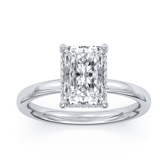 14k White Gold Hidden Halo Solitaire Engagement Ring, TrueNorth 3 ct Radiant Center, angled view