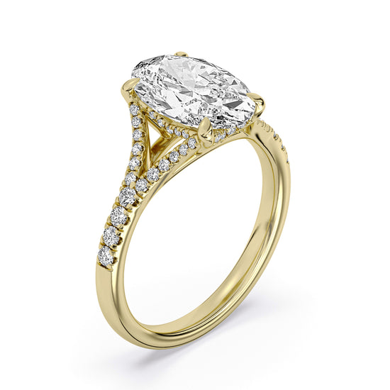 14k Yellow Gold Split Shank Hidden Halo Engagement Ring, TrueNorth 3.10 ct Oval Center, three-quarter view