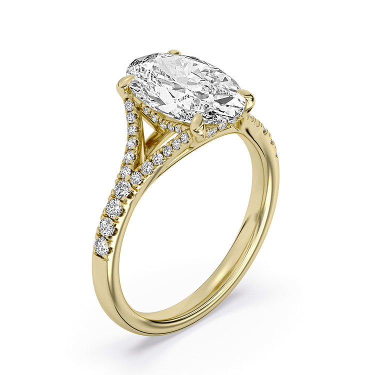 14k Yellow Gold Split Shank Hidden Halo Engagement Ring, TrueNorth 3.10 ct Oval Center, three-quarter view
