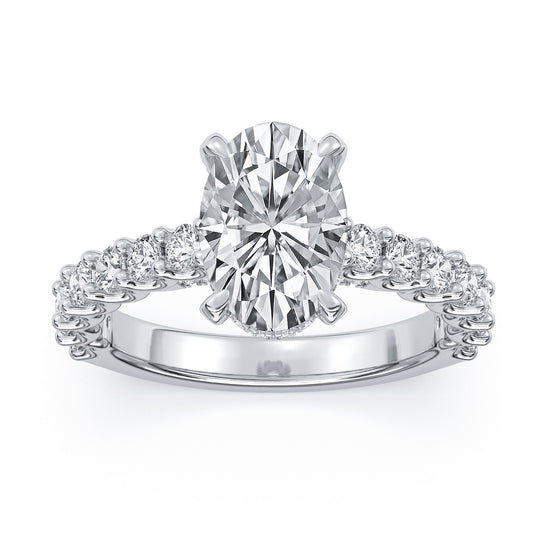 14k White Gold Hidden Halo Engagement Ring with TrueNorth 2.50 ct Oval Center, angled view