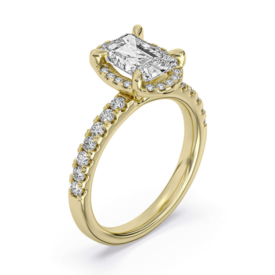 14k Yellow Gold Halo Engagement Ring, TrueNorth 2.05 ct Radiant Center, three-quarter view