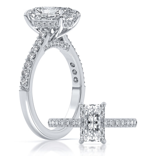 14k White Gold Cathedral Engagement Ring, TrueNorth 2 ct Radiant Center, with matching band