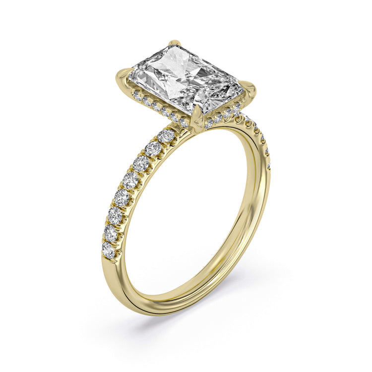 14k Yellow Gold Hidden Halo Engagement Ring, TrueNorth 3.05 ct Radiant Center, three-quarter view