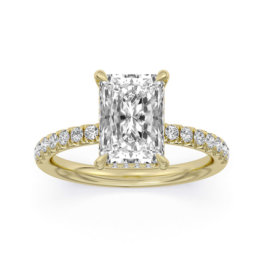 14k Yellow Gold Hidden Halo Engagement Ring, TrueNorth 3.05 ct Radiant Center, angled view