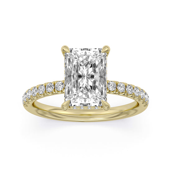 14k Yellow Gold Hidden Halo Engagement Ring, TrueNorth 3.05 ct Radiant Center, angled view