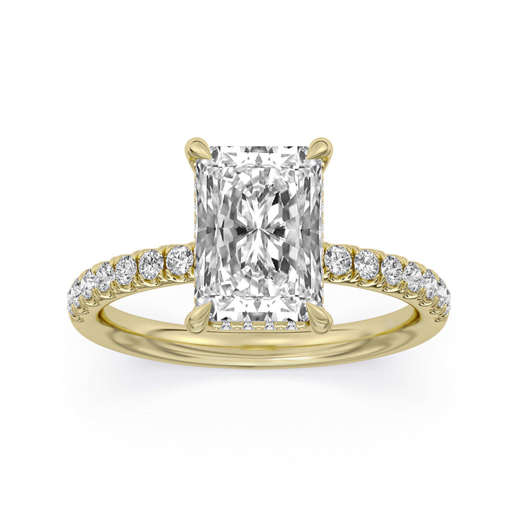14k Yellow Gold Hidden Halo Engagement Ring, TrueNorth 3.05 ct Radiant Center, angled view