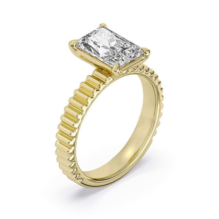 14k Yellow Gold Solitaire Engagement Ring, TrueNorth 2.60 ct Radiant Center, three-quarter view