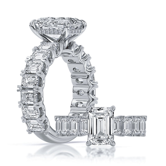 14k White Gold Emerald Accent Shank Engagement Ring, TrueNorth 3 ct Emerald Center, with matching band