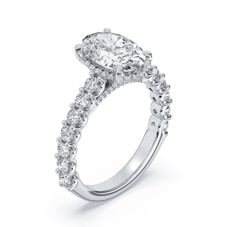 14k White Gold Hidden Halo Engagement Ring with TrueNorth 2.50 ct Oval Center, three-quarter view