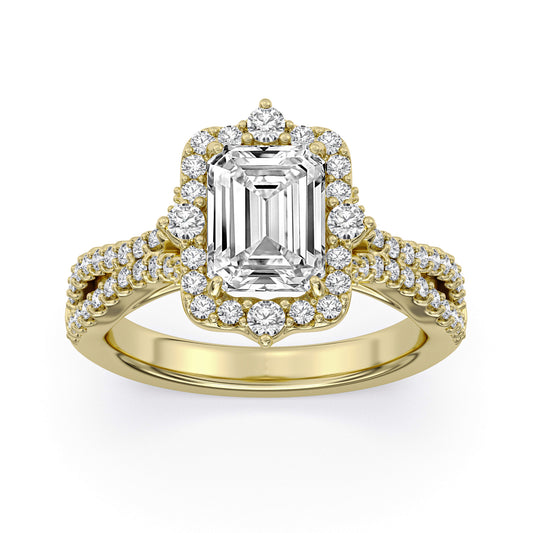 14k Yellow Gold Statement Engagement Ring, TrueNorth 2 ct Emerald Center, angled view