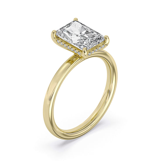 14k Yellow Gold Hidden Halo Engagement Ring, TrueNorth 2.07 ct Radiant Center, three-quarter view