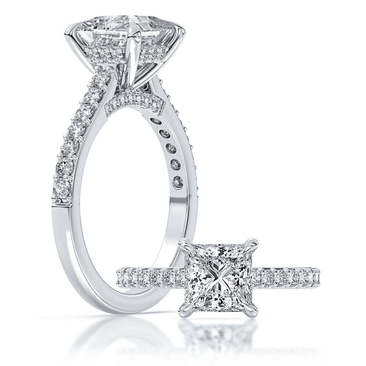 14k White Gold Cathedral Engagement Ring, TrueNorth 2 ct Princess Center, with matching band