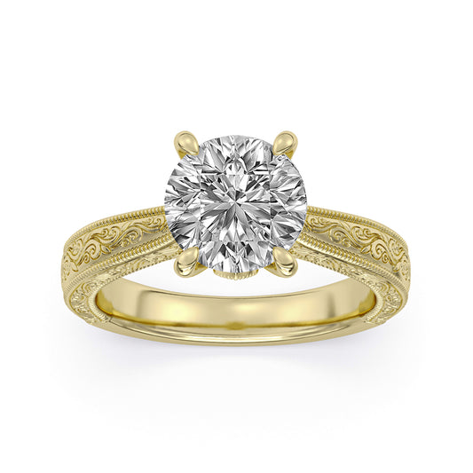 18k Yellow Gold Carved Engagement Ring, TrueNorth 3 ct Emerald Center, angled view