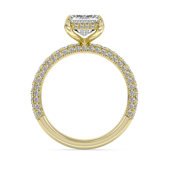 14k Yellow and White Gold Hidden Halo Engagement Ring, TrueNorth 3.08 ct Emerald Cut Center, front view