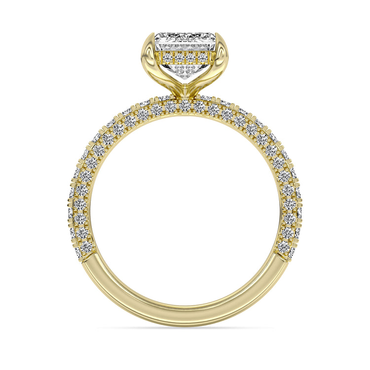 14k Yellow and White Gold Hidden Halo Engagement Ring, TrueNorth 3.08 ct Emerald Cut Center, front view