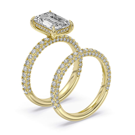 14k Yellow and White Gold Hidden Halo Engagement Ring, TrueNorth 3.08 ct Emerald Cut Center, three-quarter view