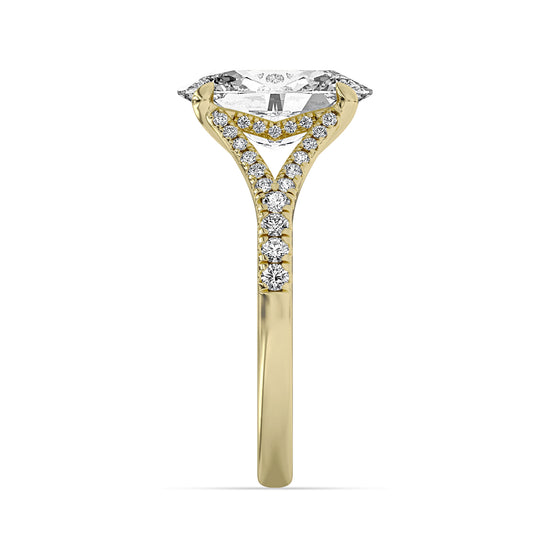 14k Yellow Gold Split Shank Hidden Halo Engagement Ring, TrueNorth 3.10 ct Oval Center, profile view