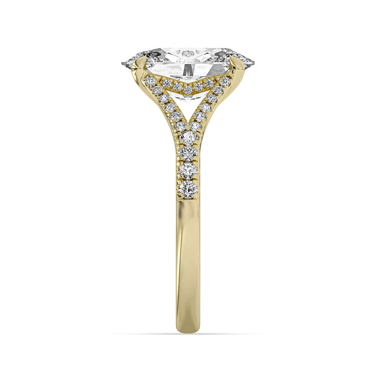 14k Yellow Gold Split Shank Hidden Halo Engagement Ring, TrueNorth 3.10 ct Oval Center, profile view