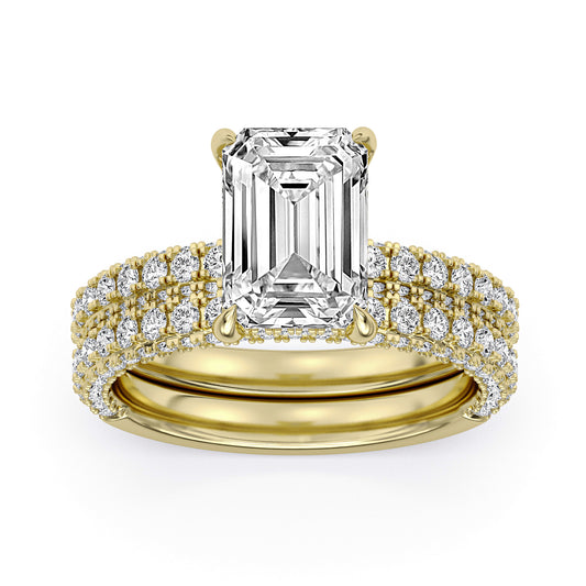 14k Yellow and White Gold Hidden Halo Engagement Ring with TrueNorth 100 Facet Lab-Grown Diamond 3.08 ct Emerald Cut Center
