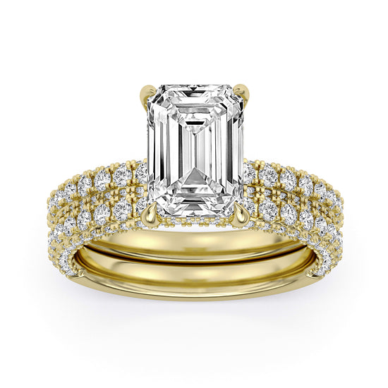 14k Yellow and White Gold Hidden Halo Engagement Ring with TrueNorth 100 Facet Lab-Grown Diamond 3.08 ct Emerald Cut Center