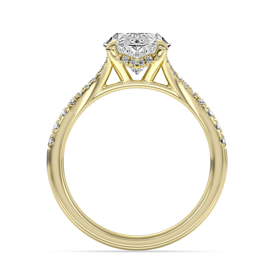 14k Yellow Gold Split Shank Hidden Halo Engagement Ring, TrueNorth 3.10 ct Oval Center, front view