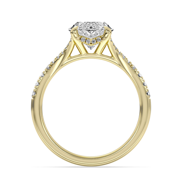 14k Yellow Gold Split Shank Hidden Halo Engagement Ring, TrueNorth 3.10 ct Oval Center, front view