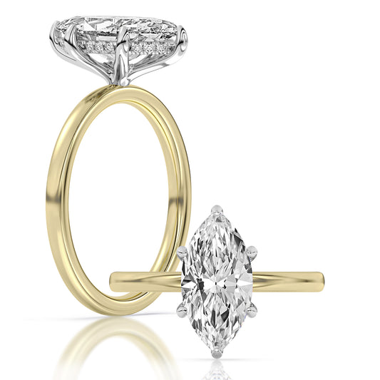 14k Yellow and White Gold Hidden Halo Solitaire Engagement Ring, TrueNorth 2 ct Marquise Center, with matching band