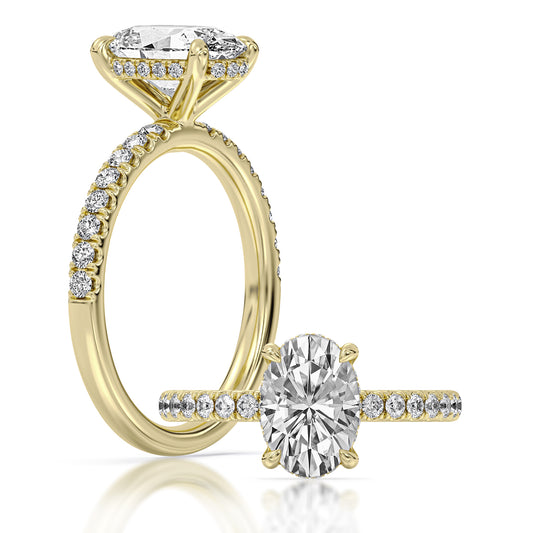 14k Yellow and White Gold Hidden Accent Engagement Ring, TrueNorth 2 ct Oval Center, with matching band
