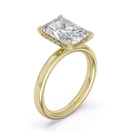 14k Yellow and White Gold Hidden Halo Engagement Ring, TrueNorth 3.09 ct Radiant Center, three-quarter view
