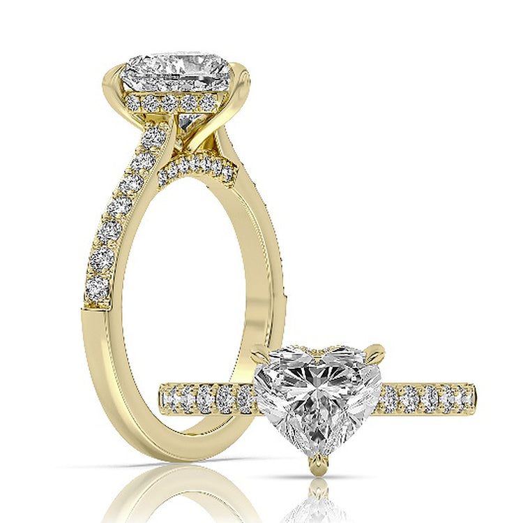 14k Yellow Gold Cathedral Engagement Ring Set With Certified TrueNorth 100 Facet Lab-Grown Diamond 2 ct Heart Center